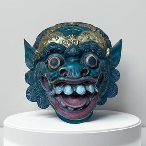 Vintage Balinese Hand-Carved Mask | Green & Gold Wall Art | Tribal Decor